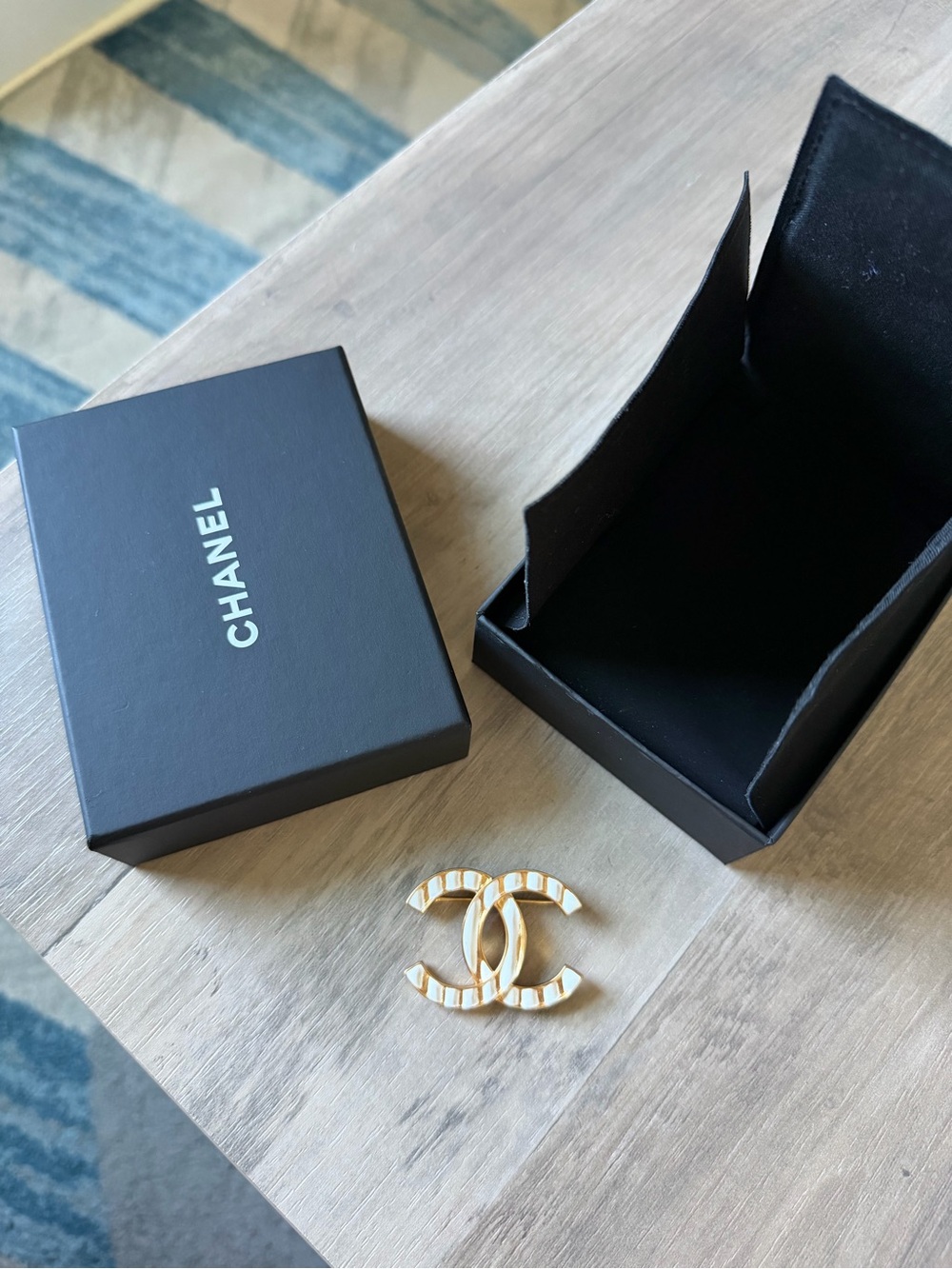 CHANEL Gold and Cream CC Logo Enamel Brooch